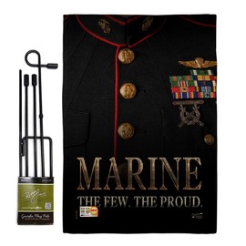 Angeleno Heritage GS137137-DB Dress Blue Marine Burlap Americana Military Veteran Decorative Gift Vertical 13" x 18.5" Double Sided Garden Flag Set Metal Pole Hardware Made in USA