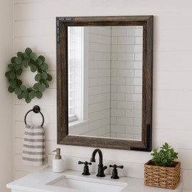 YOSHOOT Farmhouse Bathroom Mirror, Rustic Wooden Framed Mirror, Wood Vanity Mirror, Solid Wood & Handmade, Vertical or Horizontal Hanging for Bathroom Entryway Living Room Bedroom, 40" x 26", Brown