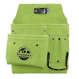 Graintex SS2492 :: 5 Pocket Left Handed Nail & Tool Pouch Lime Green Color Suede Leather for Constructors, Electricians, Plumbers, Handymen