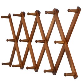 Dseap Accordian Wall Hanger: 16” High Wooden Wall Expandable Coat Rack, Hat Rack Holder, Accordion Hook for Baseball Caps, Coats, Mugs, 14 Peg Hooks, Brown