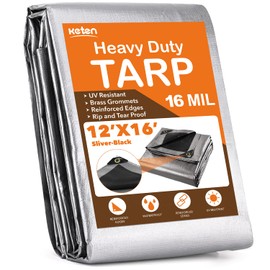 Keten Tarps Heavy Duty Waterproof 12’ X 16’, Extra Thick 16 Mil, Tear & Fade Resistant, 100% UV Blocking, Outdoor Tarp with Reinforced Grommets for Roof, Camping, Patio, Pool, Boat(Silver/Black)