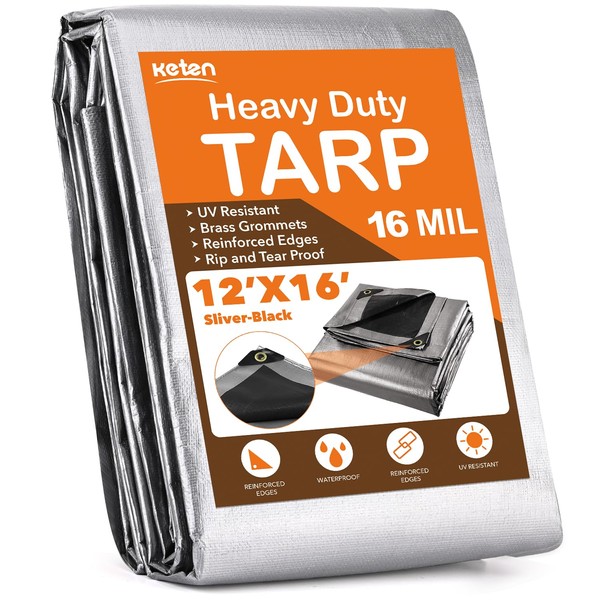 Keten Tarps Heavy Duty Waterproof 12’ X 16’, Extra Thick 16 Mil, Tear & Fade Resistant, 100% UV Blocking, Outdoor Tarp with Reinforced Grommets for Roof, Camping, Patio, Pool, Boat(Silver/Black)
