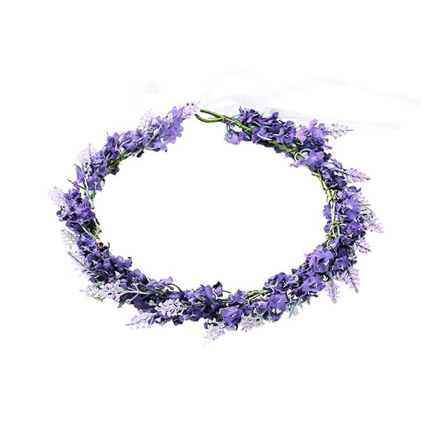 Frcolor Lavender Flower Crown Simulation Floral Headband Wedding Bridal Hair Garland Hair Wreath for Beach Holiday (Light Purple)