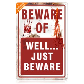 Halloween Metal Tin Sign - Beware of Well Just Beware - 8"x12" Funny Vintage Horror Sign for Haunted House, Yard, Wall, Porch - Halloween Decorations Outdoor Indoor