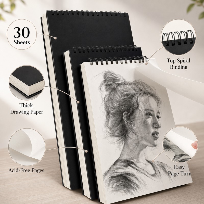 30-Sheet Spiral Sketchbook for Drawing – Thick Paper Art Pad
