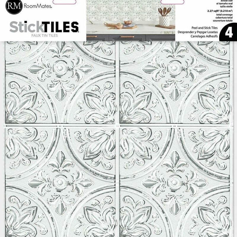 RoomMates TIL4623FLT StickTiles White Tin Peel and Stick Tile Backsplash,