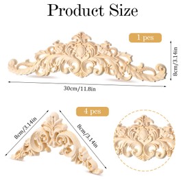 5 Pcs Wood Appliques Onlays for Furniture, Decorative Wooden Carved Unpainted Decals Wood Flowers Trim Embellishments for Bed Door Cabinet Wardrobe Wall Cupboard(Delicate Style)