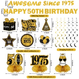 Kuxriox 11Pcs 50th Birthday Decorations Kit for Men Women, Black Gold Happy 40th Birthday Banner, Awesome Since 1975 Centerpieces Swirls Party Supplies, Fifty Bday Banner Ceiling Table Topper Sign