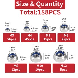 188pcs 304 Stainless Steel Lock Nut Assortment Kit Perfect for Lock Washers, Metric Nylon Insert Locknut M3 M4 M5 M6 M8 M10 M12 (188pcs Nut Kit)
