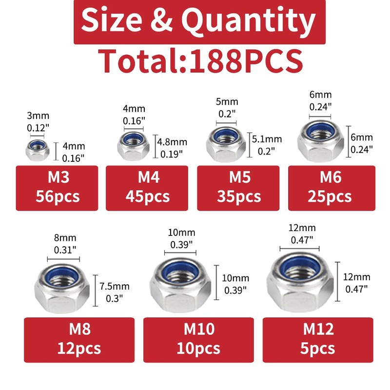 188pcs 304 Stainless Steel Lock Nut Assortment Kit Perfect for