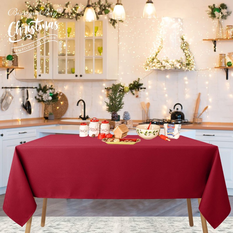 Biscaynebay Textured Fabric Christmas Rectangle Table Cloth 52x70 Inches, Red