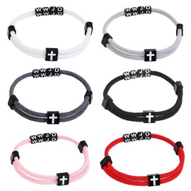 Qoncosy 6 Pack WWJD for Men & Women, Adjustable Braided Rope with Cross Charm, Jesus Bracelets in 5 Colors (Black/White/Gray/Pink/Red), 5.51-10.23 Inch
