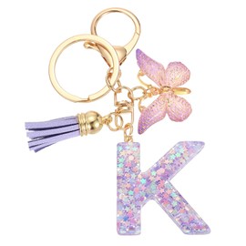sourcing map Initial Letter Keychains, Resin Cute Butterfly Tassel Pendant Accessory for Women, Alphabet Key Ring for Purse Handbags Backpack, Purple-K