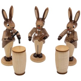 Seiffener Volkskunst Bernd Zschorn Easter Bunny Trio, Easter Decoration, Easter Decoration from the Ore Mountains, 8 cm, Set of 3, with Tambourine, Tonewood, Conga