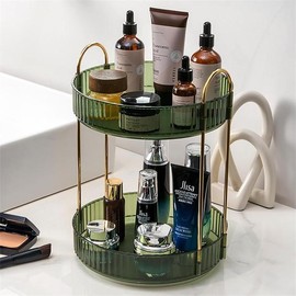 Rotating Makeup Organizer Lazy Susan Trays Skincare Perfume Organizer Racks for Bathroom Counter Vanity, Amber fragrance stand vanitydresser 360 rotating lazysusan:_Green 2 tier