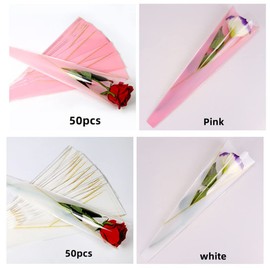 NatureMan 100 PCS Single Rose Packaging Bag, Florist Bouquet Supplies,Waterproof Flower Bouquet Sleeve Bag,for Wedding Birthday Mother's Day Valentine's Day (white+Pink)