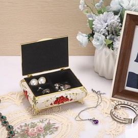 SUMNACON Metal Music Box Musical Jewelry Box Keepsake Box Case, Vintage Music Box Organizer Rose Embossed Musical Box for Birthday Wedding Holidays (Tune:You Are My Sunshine, Beige Red)