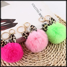 White Fang AZ094 Women's Key Ring Charm Keychain Cat Ears Cat Leopard Pattern Fluffy, W Purple
