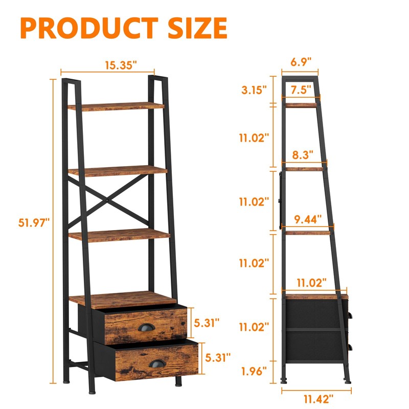 Furologee 4-Tier Ladder Shelf,Small Bookshelf with 2 Drawers,Vertical Bookcase Storage