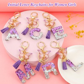 JSRQT Keyring with Initial Letters for Women Girls, Butterfly Tassels Pendant Key Chain with Purple Resin Letters for Handbag Backpacks, l