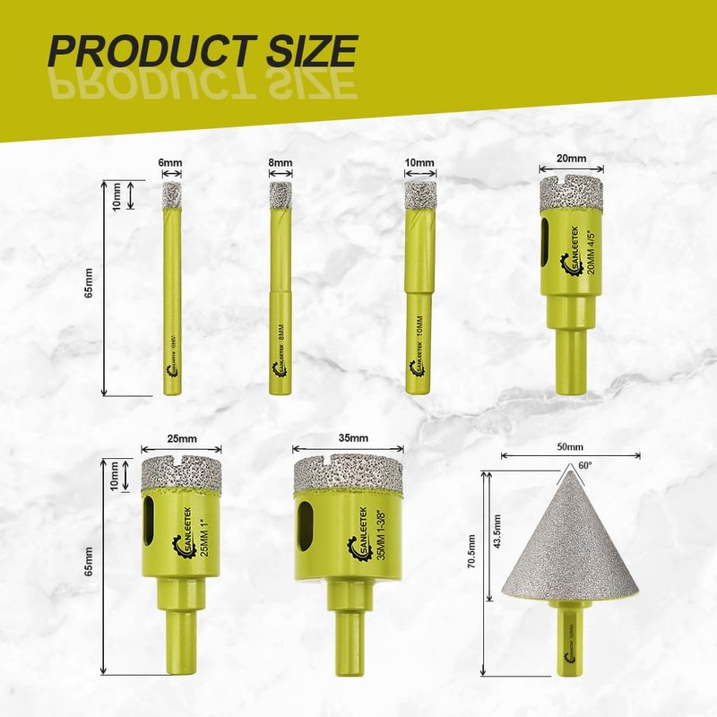 Diamond Core Drill Bits Set - 7pcs (6/8/10/20/25/35mm+50mm Hex Shank