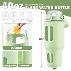 BLUEGO 40 oz Glass Water Bottle with Straw, Leakproof Glass Drinking Bottle with Time Marker and Silicone Sleeve, Wide Mouth for Travel, Gym, Workout, Green