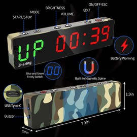 Jhering Gym Timer, Portable, Interval Timer with Rechargeable Battery and Built-in Magnet, LED Digital Anti Vertigo Display, Upgraded Workout Clock for Home Gym Garage Fitness(1" Camouflage)