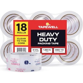 TAPEWELL Clear Packing Tape, 1.88 Inches x 54.6 Yards, Heavy Duty Tape with 3'' Core, Pack of 18