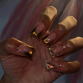 GRITOSE 24Pcs Duck Shape Medium Length French Tip Acrylic Press On Nails with Glitter Rhinestone Design, Glossy Full Cover, Reusable, Women