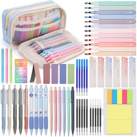 DazSpirit 61 PCS Aesthetic Stationery Supplies with Pen Case, 12 Pastel Highlighters, 4 Erasable Pens, 5 Gel Pens, 6 Mechanical Pencils, Stationery Set for Students, Note-taking & Journaling (Blue)