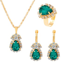 TOEECY Jewellery Set for Women Crystal Pendant Necklace Ring Earring Set Golden Cubic Zirconia Jewellery Set Gift for Wedding Bridal Bridesmaid (Green)