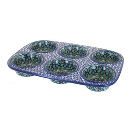 Blue Rose Polish Pottery - Green Mardi Gras Muffin Pan - 11.5" x 8" - Ceramic Baking Dish, 6-Cup Muffin & Cupcake Pan