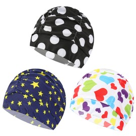 SUNTRADE Women Nylon Swim Caps, Fabric Cloth Pleated Elastic Swimming Cap Bathing Cap Swim Hats for Thick Curly Long Short Hair,3 pcs (spot-heart-star)