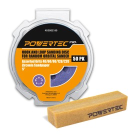 POWERTEC PRO 45301Z 50PK 5" Sanding Discs Hook and Loop & Abrasive Cleaning Stick, 40/60/80/120/220 Grit Zirconia Orbital Sandpaper for 5 & 8 Hole Random Orbital Sanders-Automotive, Metal, Woodworking