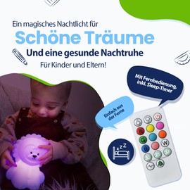 Kadoing® Löwen Nachtlicht (Groß) – mit Tippfunktion und Fernbedienung – Wiederaufladbar – Baby – Babylampe – Kinder – Kinderlampe – Kindergeburtstag – Kinderzimmer – Kinderspielzeug – Nachttischlampe
