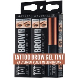 Maybelline New York Eyebrow Colour Twin Pack, Tattoo Brow Gel Ink, with Peel-Off Formula, No. 2 Medium Brown, 2 x 5 ml