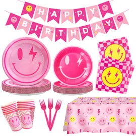 Preppy Birthday Decorations Preppy Party Decorations Smile Face Birthday Decorations Smiley Face Party Favors Banner Tablecloths Cups Plates Napkins Serve 24 Guests Kid Teen Girls Baby Shower