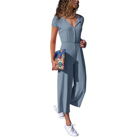 Cassiecy Jumpsuit Women's Elegant Short Sleeve Playsuit V-Neck Casual Loose Overalls Long Romper, Zy2-Blue