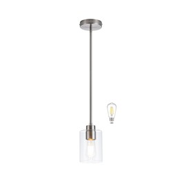 MAYNA 1-Pack Brushed Nickel Ceiling Light Fixture, Simple Silver Mini Pendant with Bulb, Adjustable Rods Contemporary Hanging Lamp for Foyer, Corridor, Sink