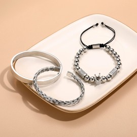 MAOCEN Men Bracelets Luxury Royal Crown Charm Stainless Steel Roman numerals Cuff Bangle Jewelry Gold/Silver/Black (Silver 1set-D)