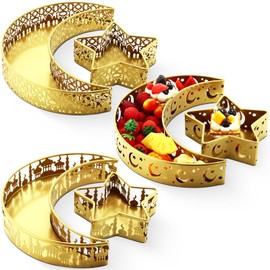 GlikCeil 6 Pcs Eid Mubarak Moon and Star Pastry Tray Moon Shape Food Dessert Tray Ramadan Metal Platter for Breakfast Dinner Dessert Pastry Display Holder Islam Muslim Festivaltable Decor, Gold