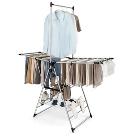 Tangkula 2-Layer Stainless Steel Drying Rack, Foldable Laundry Drying Rack w/ 1 Hanging Bar & 2 Height-Adjustable Wings, 23 Drying Rails, Netting Drying Rack, No Assembly Required
