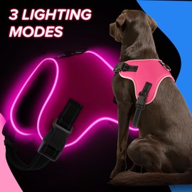 Light up Dog Harness, Rechargeable LED Dog Harness with Handle, Lighted Dog Harness for Night Walking, Reflective Adjsutable Flashing Glow Dog Collar for Small Medium Large Dogs (Pink, L)