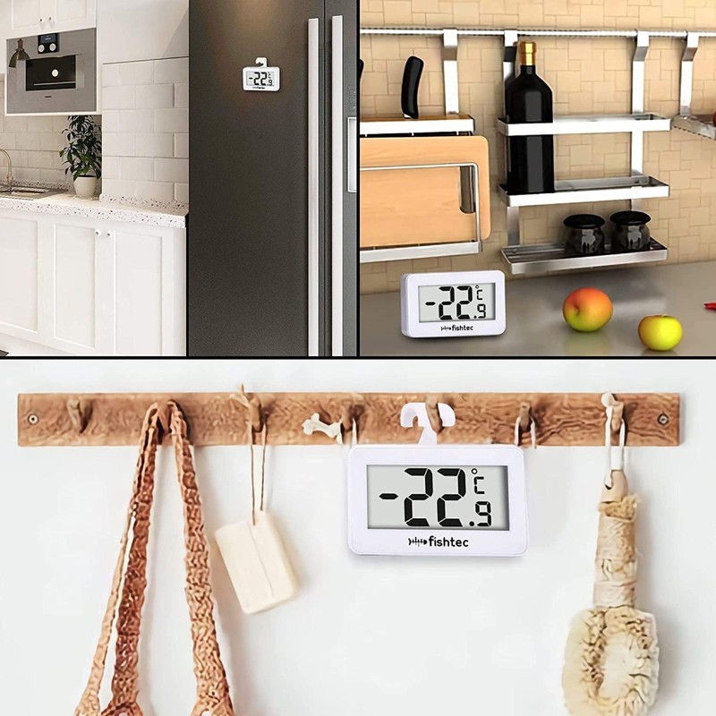 FISHTEC Electronic Refrigerator Thermometer - Triple Hanging System: Hook, Holder,