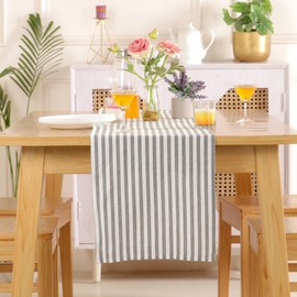 Green and White Amalfi Striped Table Runner Linen Blend Table Decor Elegant Classic Tablecloth Machine Washable for Indoor Outdoor Events Family Dinner Banquet Parties and Celebrations (14x84 Inch)