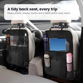 Car Backseat Organizer with Clear Tablet Holder – Kick Mat Seat Back Protector with Storage Pockets for Kids