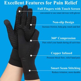 Tianhengyi 2 Pairs Copper Arthritis Gloves for Hand Pain, Full Finger Compression Gloves for Men Women, Relieve Swelling, Carpal Tunnel, Support Wrist, Joint for Crocheting (Touch Screen, Small)