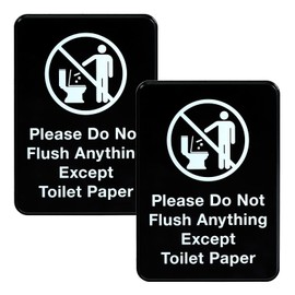 Excello Global Products Please Do Not Flush Anything Except Toilet Paper Sign: Easy to Mount Informative Plastic Sign with Symbols 5"x7", Pack of 2 (Black)