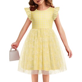 Flypigs Toddler Tulle Dress Girls Ruffle Tutu Dresses Yellow Daisy Summer Holiday Sundress for 4 Years