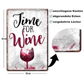 schilderkreis24 Funny Saying "Time for Wine" Decorative Wine Tin Sign Metal Sign Gift Idea Retro Funny Gift Idea Birthday Christmas Wine Cellar Wine Bar Wine Arbour 20 x 30 cm